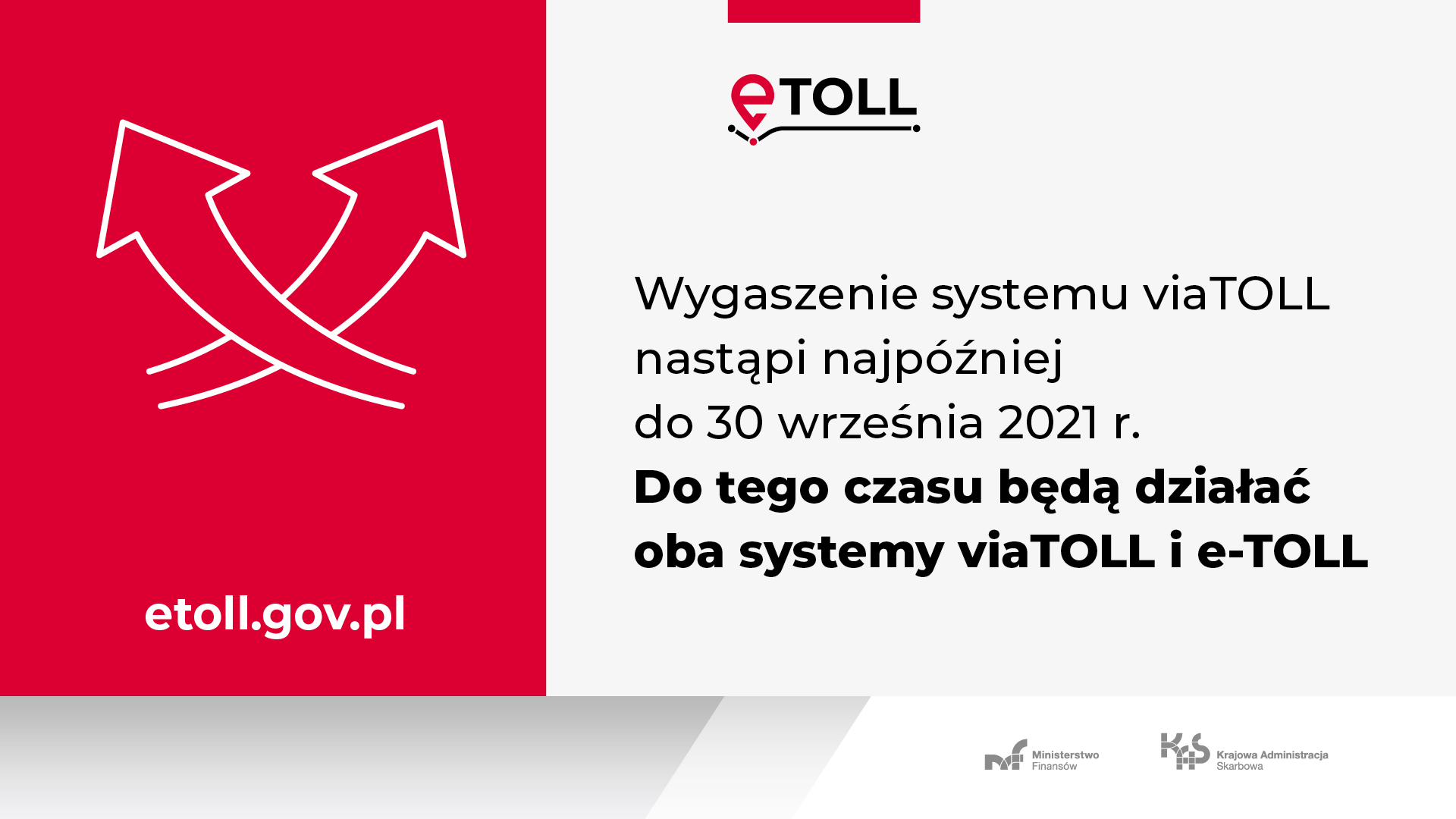 Czerwono-biała grafika eTOLL. na czerwonym tle dwie strzałki i napis: etoll.gov.pl. Na białym polu symbol eTOLL i napisy.