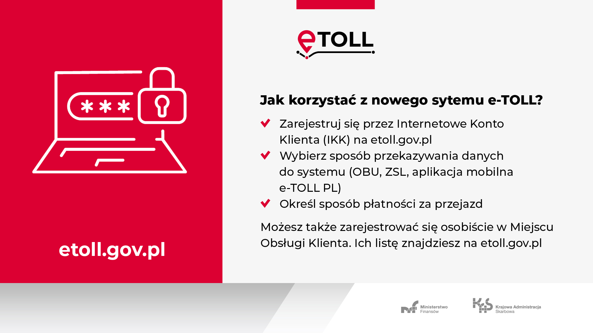 Czerwono-biała grafika. Na czerwonym tle rysunek laptopa i napis: etoll.gov.pl. Na białym tle logo eTOLL i napisy.