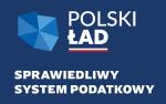 Na środku napis Polski Ład Sprawiedliwy system podatkowy. Po lewej stronie kontury Polski
