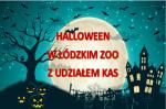 Halloween w Łódzkim ZOO z udziałem Łódzkiej KAS. Napis na rysunki przedstawiającym księżyc w pełni przy którym latają nietoperze, z boku stare drzewo, w dole rysunki nagrobków i dynie