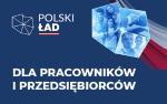 Granatowa grafika z konturem mapy Polski i napisami Polski Ład.  Dla Pracowników i Przedsiębiorców